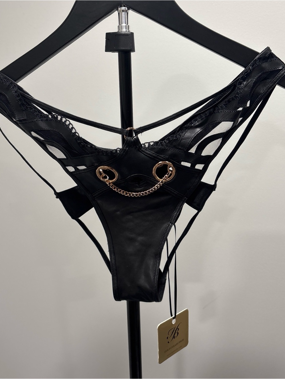 NWT Honey Birdette Black Thong with Gold Grommet Chain Detail
